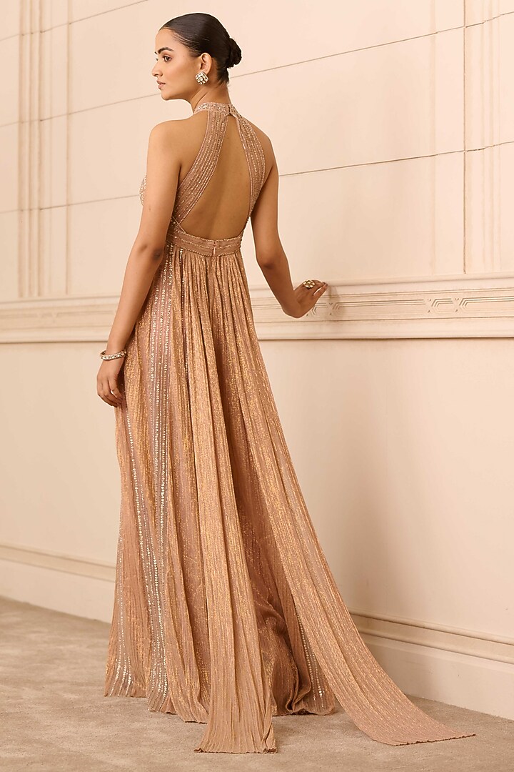 Rose Gold Metallic Crinkle Tulle Crystal Embroidered Jumpsuit by Tarun Tahiliani at Pernia's Pop Up Shop