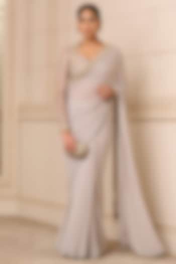 Taupe Chiffon Hand Embroidered Reception Saree Set by Tarun Tahiliani at Pernia's Pop Up Shop