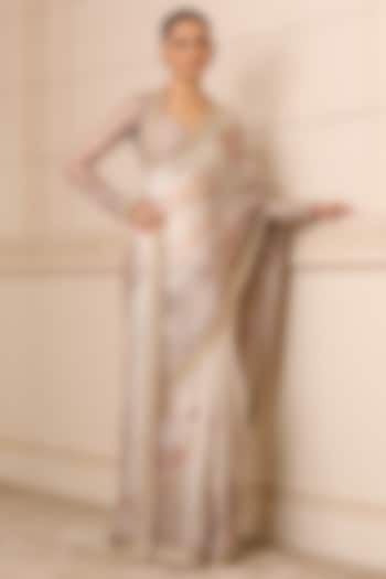 Taupe Satin Organza Printed & Embroidered Reception Saree Set by Tarun Tahiliani at Pernia's Pop Up Shop