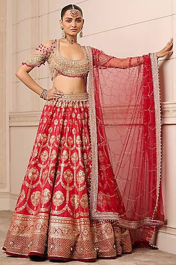 Red Brocade Kundan & Dabka Embroidered Lehenga Set by Tarun Tahiliani