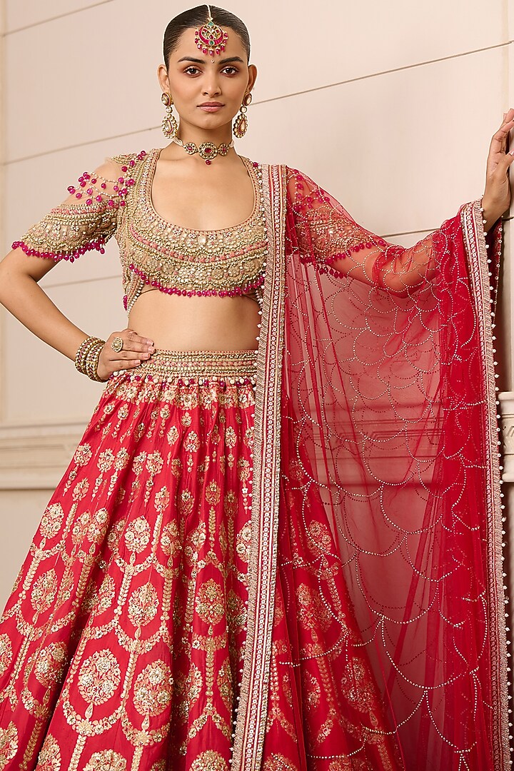 Red Brocade Kundan & Dabka Embroidered Bridal Lehenga Set by Tarun Tahiliani at Pernia's Pop Up Shop