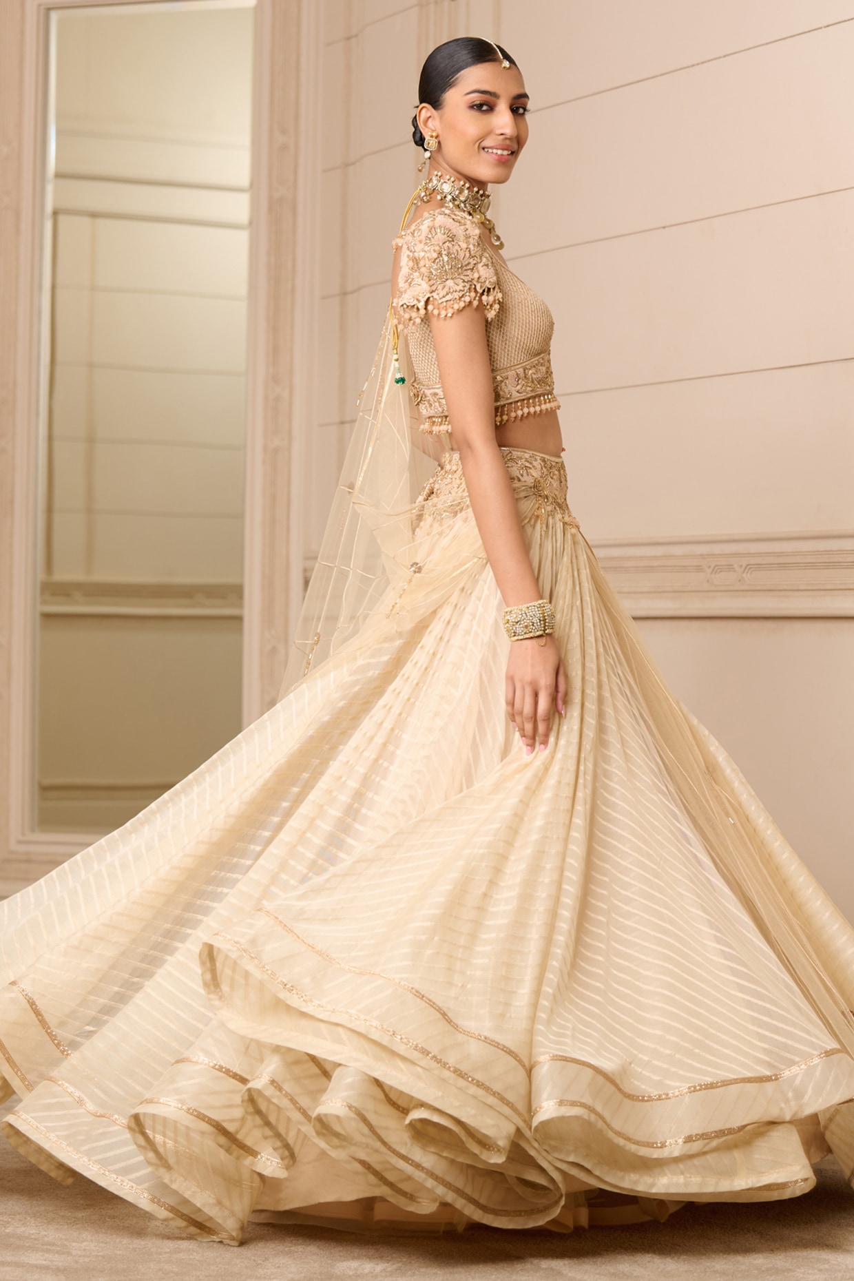 Buy Floral Motif Embroidered Lehenga Set With Printed Scarf by Designer  TARUN TAHILIANI Online at Ogaan.com