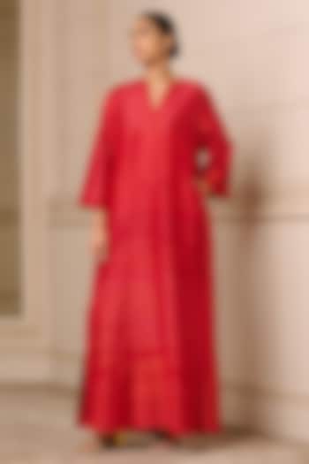 Red Textured Silk Dupion Long Tunic by Tarun Tahiliani