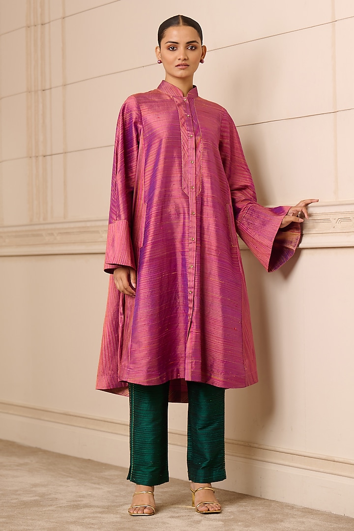 Pink Textured Silk Dupion Handwoven Tunic by Tarun Tahiliani