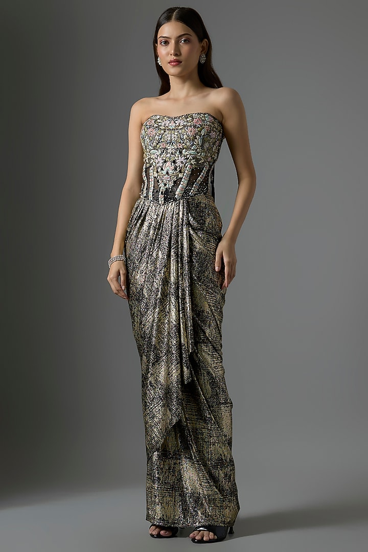 Black Foil Jersey Draped Skirt Set by Tarun Tahiliani at Pernia's Pop Up Shop