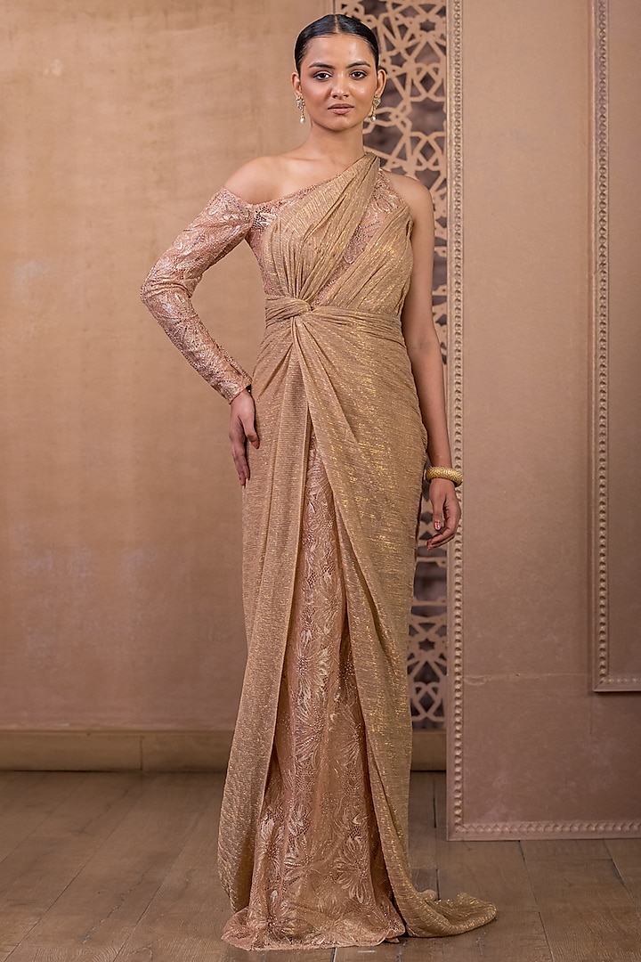 Champagne Gold Crinkled Tissue French Lace Draped Maxi Dress by Tarun Tahiliani