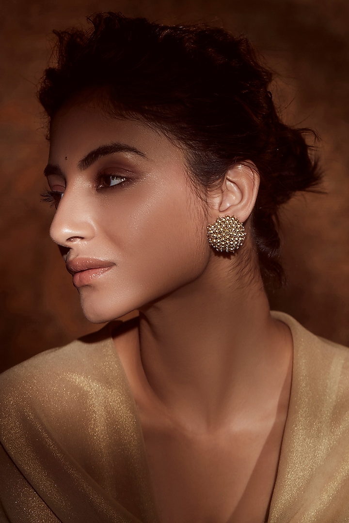 Gold Finish Pearl Dome Stud Earrings In Sterling Silver by Tarun Tahiliani Accessories