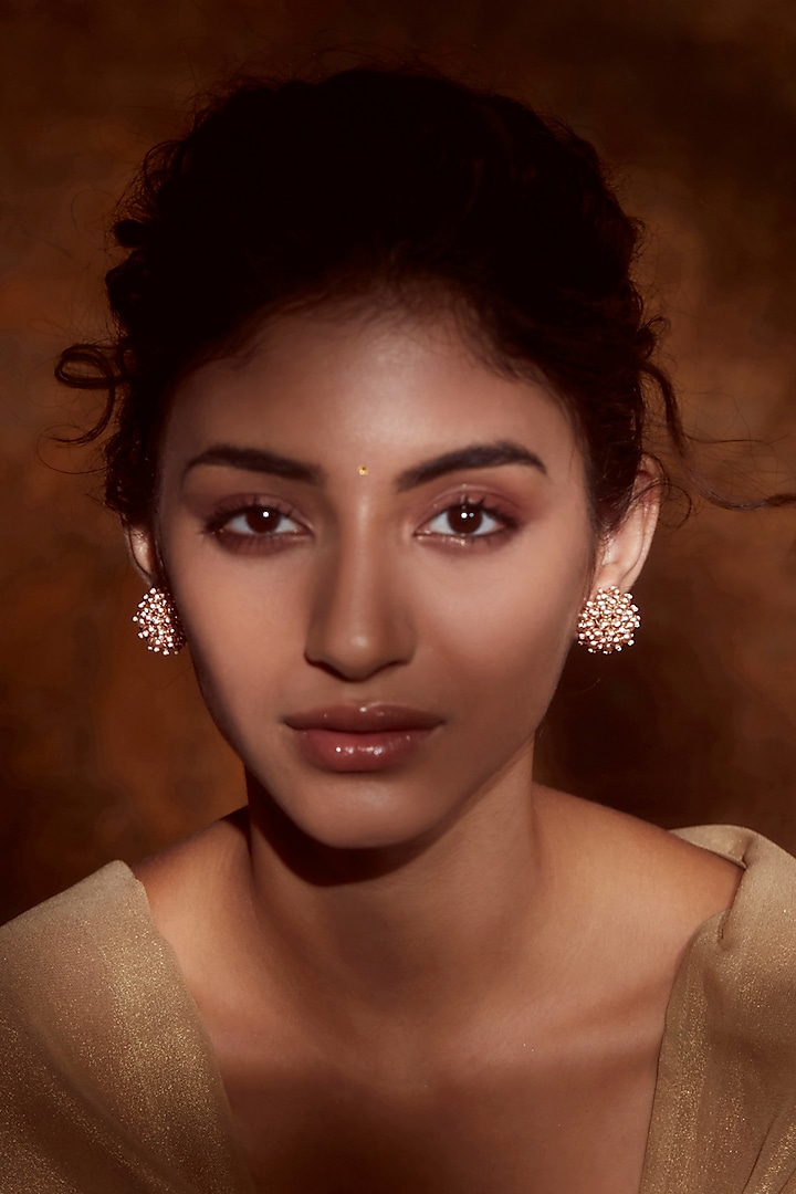 Gold Finish Pearl Dome Stud Earrings In Sterling Silver by Tarun Tahiliani Accessories