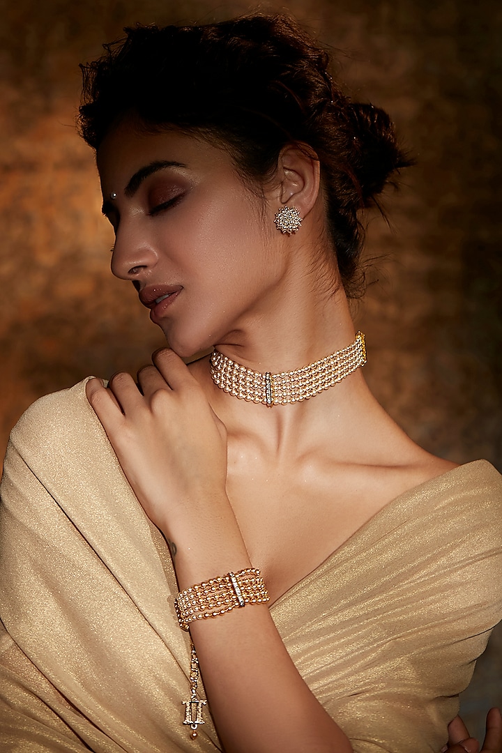Gold Finish Pearl Choker Necklace In Sterling Silver by Tarun Tahiliani Accessories