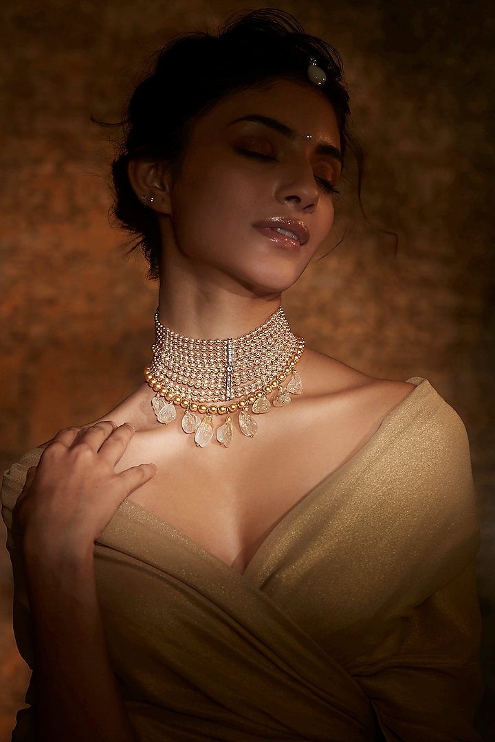 Gold Finish Pearl & Citrine Drop Layered Choker Necklace In Sterling Silver by Tarun Tahiliani Accessories
