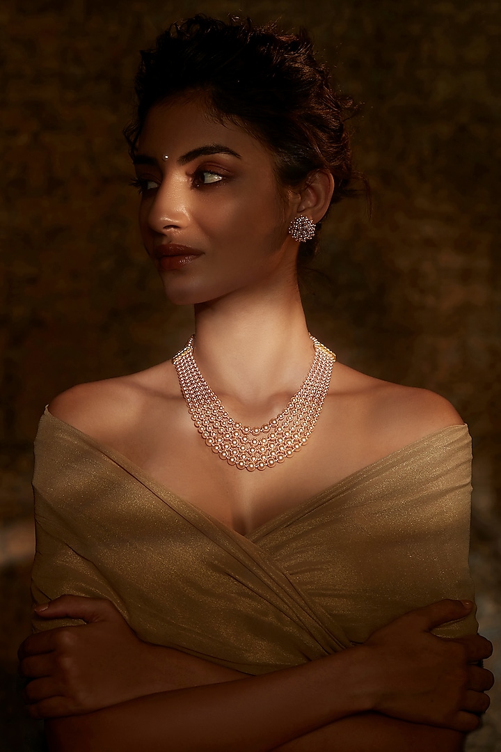 Gold Finish Pearl Necklace In Sterling Silver by Tarun Tahiliani Accessories