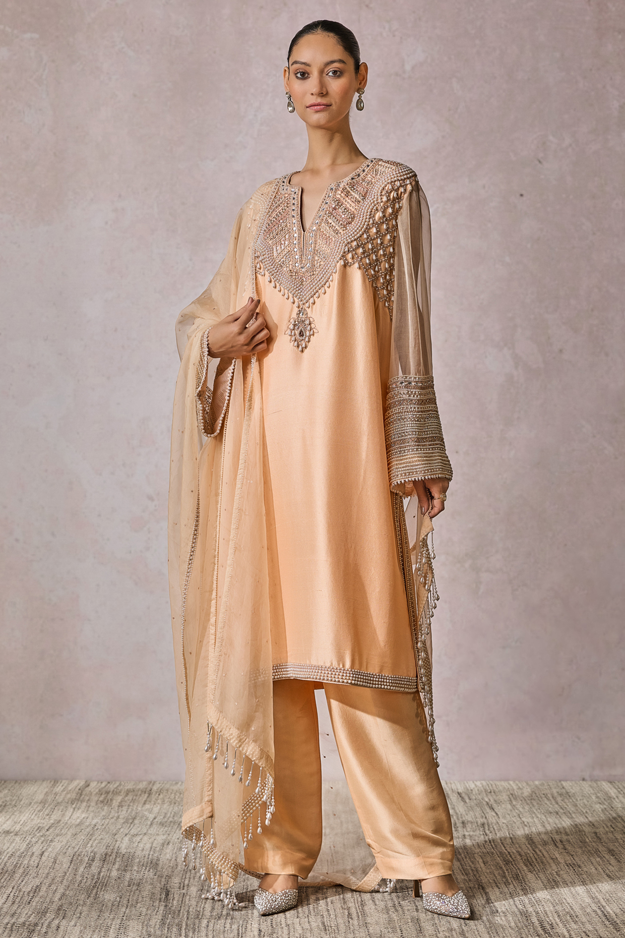 Peach Silk Dupion Hand Embroidered Kurta Set by Tarun Tahiliani at Pernia's Pop Up Shop