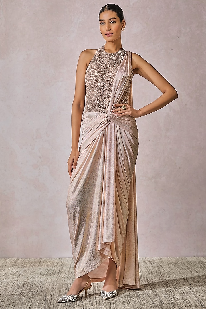 Blush Pink Foil Jersey Concept Saree Set by Tarun Tahiliani