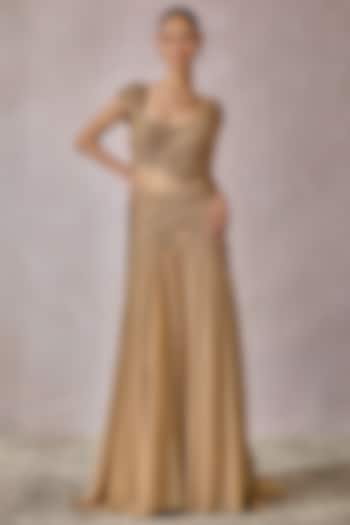 Champagne Gold Cinkle Net Fluted Gown by Tarun Tahiliani at Pernia's Pop Up Shop