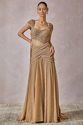 Champagne Gold Cinkle Net Fluted Gown by Tarun Tahiliani