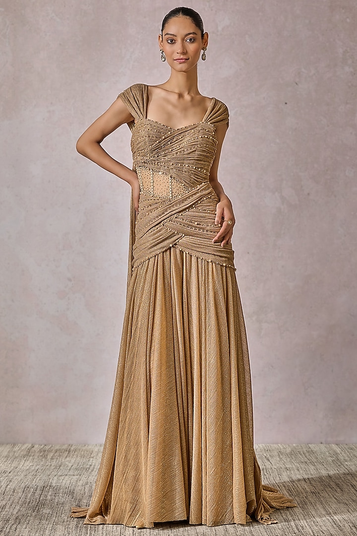 Champagne Gold Cinkle Net Fluted Gown by Tarun Tahiliani at Pernia's Pop Up Shop