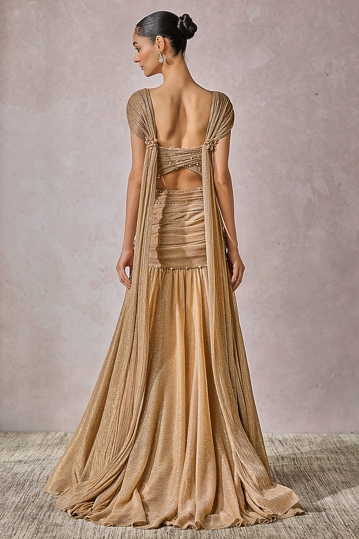 Champagne Gold Cinkle Net Fluted Wedding Gown by Tarun Tahiliani at Pernia's Pop Up Shop