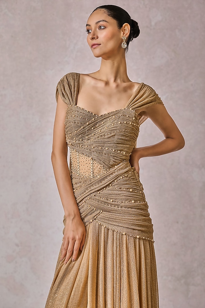 Champagne Gold Cinkle Net Fluted Wedding Gown by Tarun Tahiliani at Pernia's Pop Up Shop
