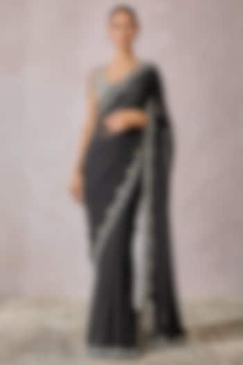 Black Soft Net French Lace Embroidered Draped Saree Set by Tarun Tahiliani at Pernia's Pop Up Shop