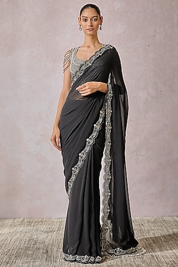 Black Soft Net French Lace Embroidered Draped Saree Set by Tarun Tahiliani