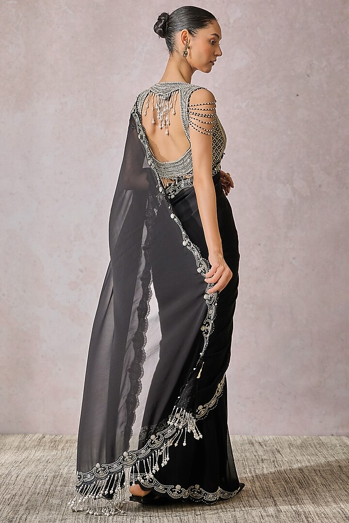 Black Soft Net French Lace Embroidered Draped Reception Saree Set by Tarun Tahiliani at Pernia's Pop Up Shop