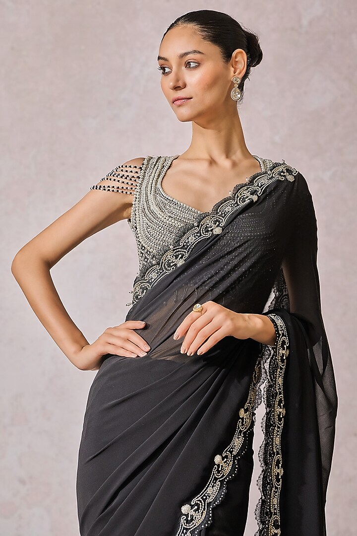 Black Soft Net French Lace Embroidered Draped Reception Saree Set by Tarun Tahiliani at Pernia's Pop Up Shop