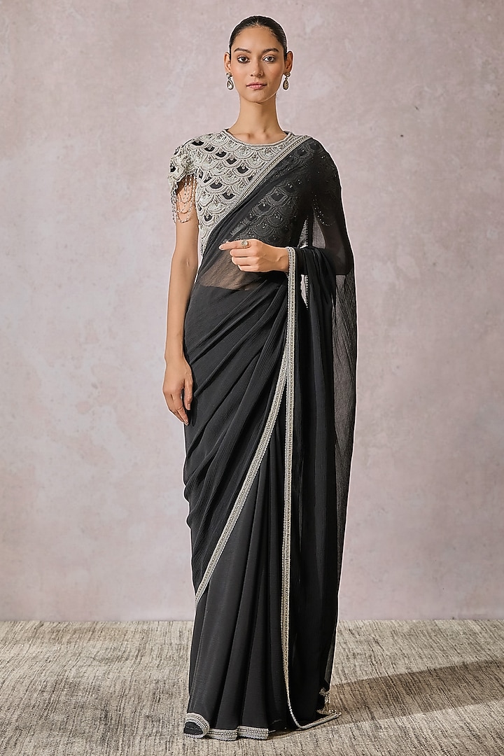 Black Silk Chiffon Pearl Work Draped Saree Set by Tarun Tahiliani