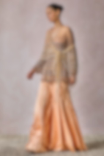 Peach Charmeuse Fluid Bridal Sharara Set by Tarun Tahiliani at Pernia's Pop Up Shop