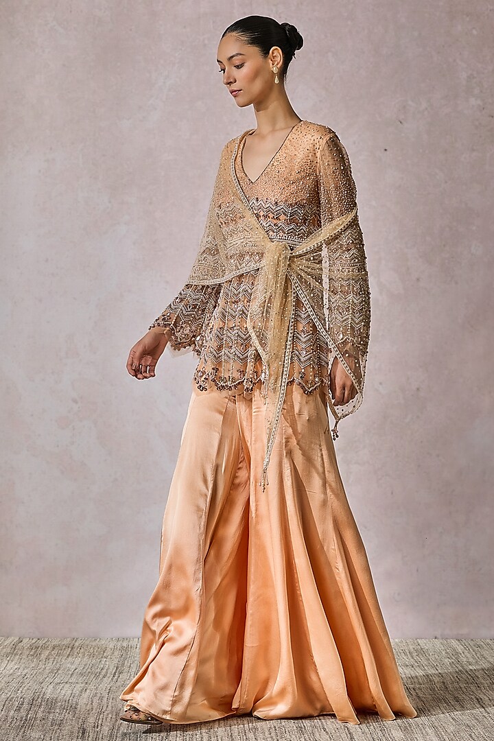 Peach Charmeuse Fluid Bridal Sharara Set by Tarun Tahiliani at Pernia's Pop Up Shop
