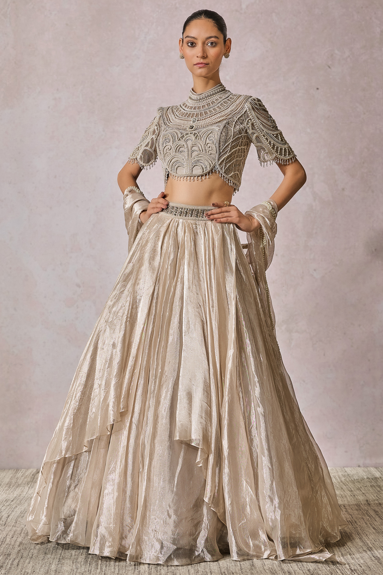 Silver Silk Tissue Cascade Style Bridal Lehenga Set by Tarun Tahiliani at Pernia's Pop Up Shop