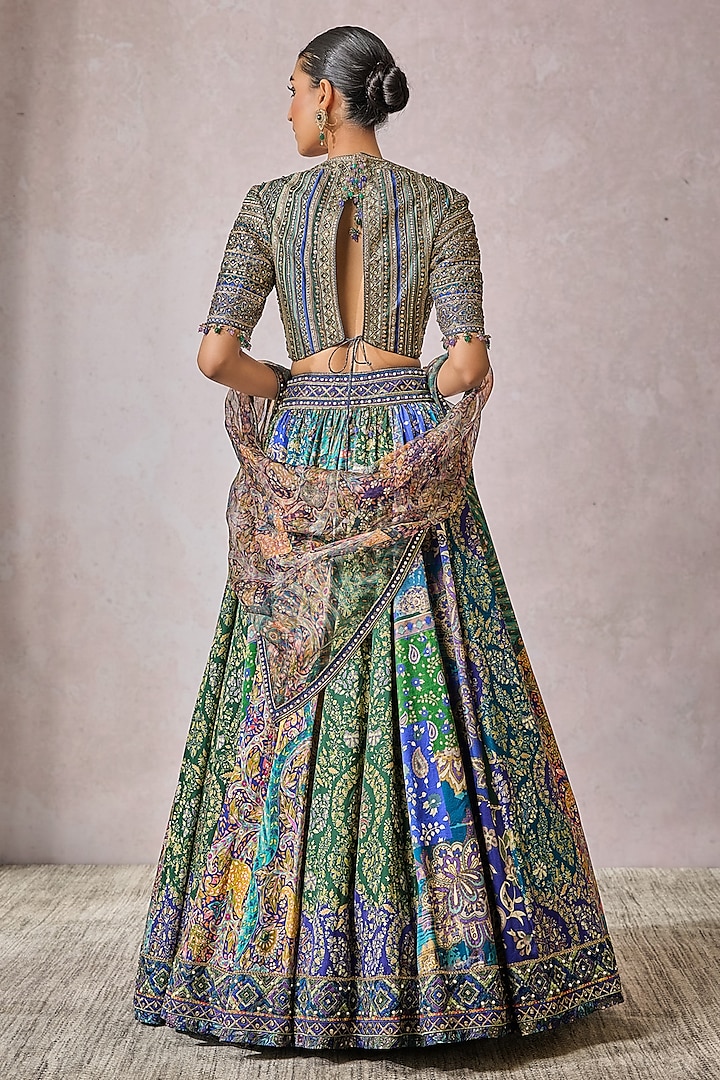 Peacock Green Sheer Silk Phulkari Printed Bridal Lehenga Set by
