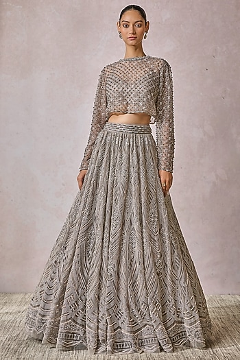 Silver Soft Net Pearl Embroidered Lehenga Set by Tarun Tahiliani
