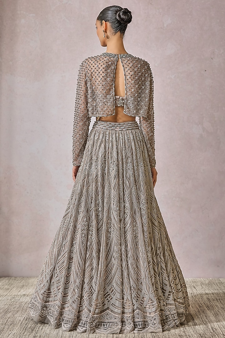 Silver Soft Net Pearl Embroidered Bridal Lehenga Set by Tarun Tahiliani at Pernia's Pop Up Shop