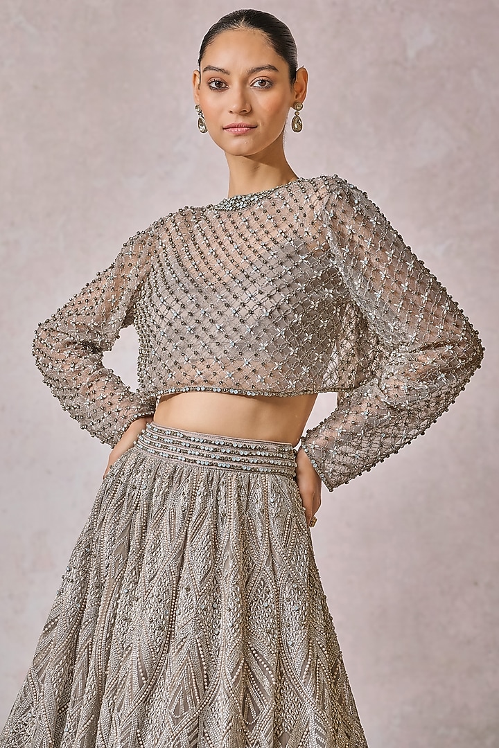 Silver Soft Net Pearl Embroidered Bridal Lehenga Set by Tarun Tahiliani at Pernia's Pop Up Shop
