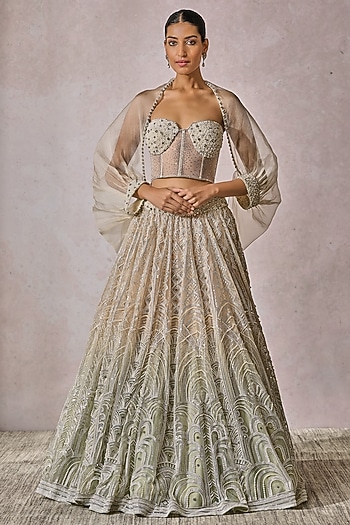 Ivory & Mint Soft Net Sequins Embroidered Lehenga Set by Tarun Tahiliani
