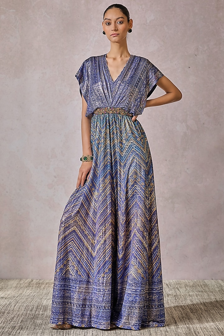 Peacock Blue Foil Jersey Phulkari Printed Jumpsuit by Tarun Tahiliani at Pernia's Pop Up Shop