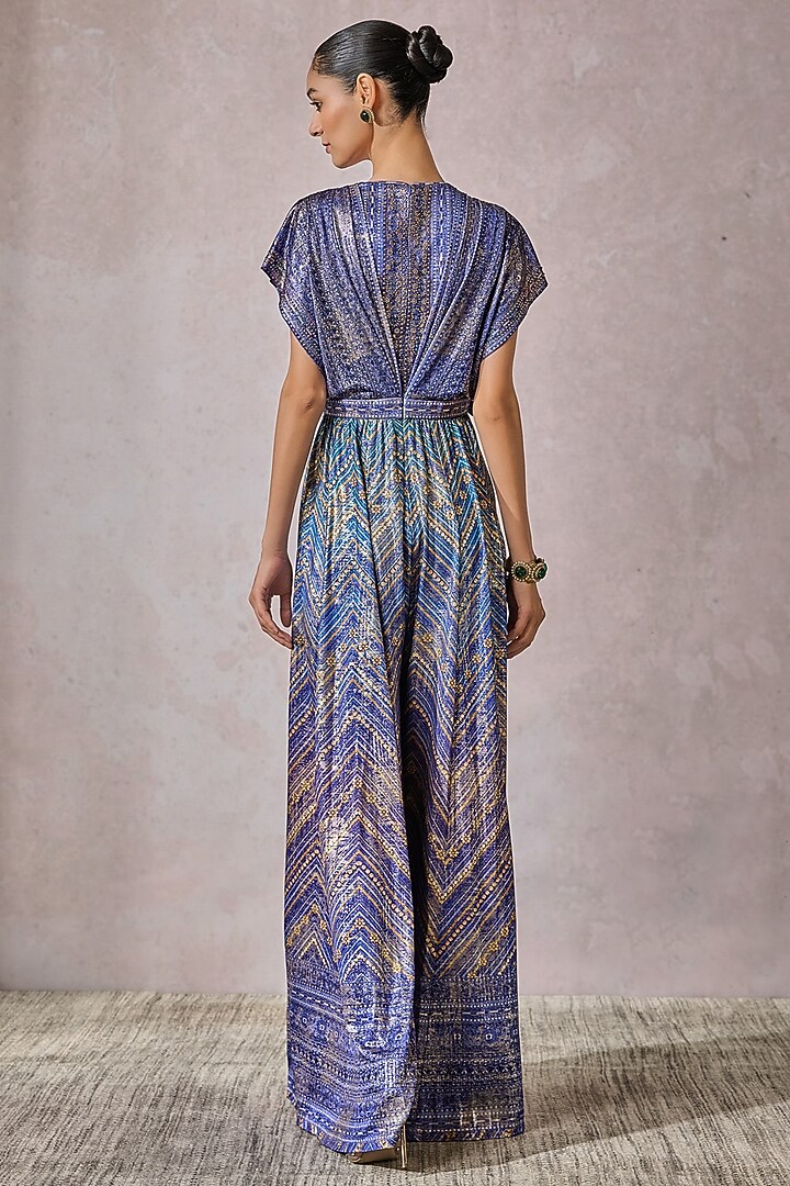 Peacock Blue Foil Jersey Phulkari Printed Jumpsuit by Tarun Tahiliani at Pernia's Pop Up Shop