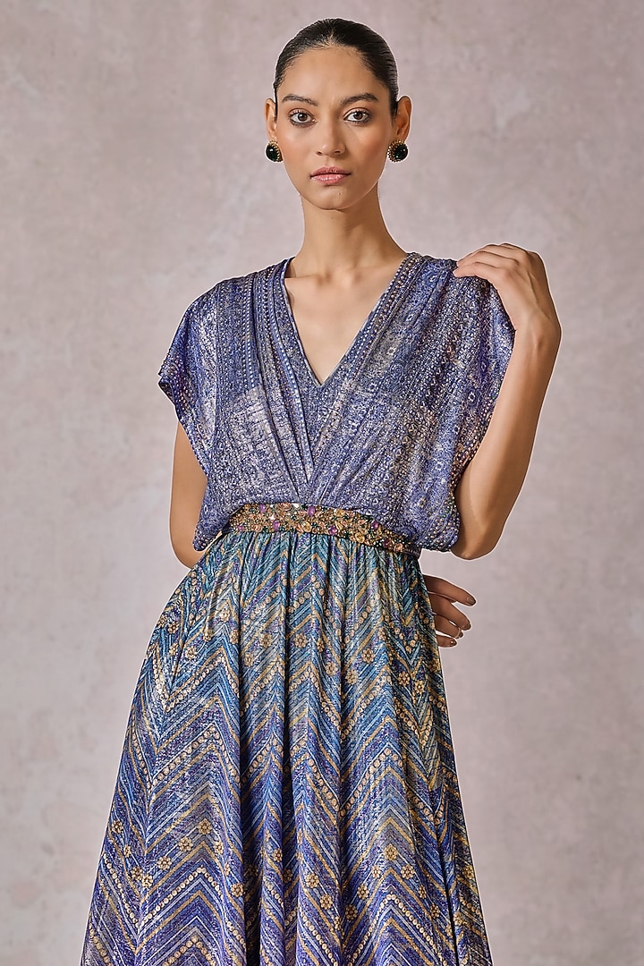 Peacock Blue Foil Jersey Phulkari Printed Jumpsuit by Tarun Tahiliani at Pernia's Pop Up Shop