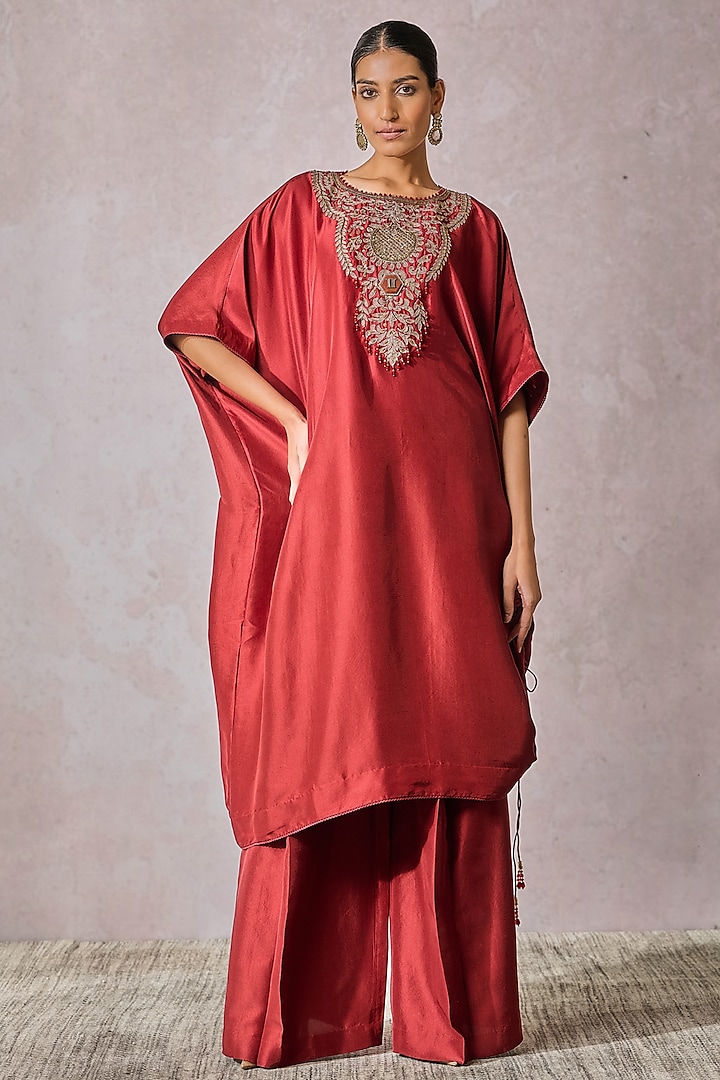 Red Silk Dupion Hand Embroidered Kaftan Set by Tarun Tahiliani