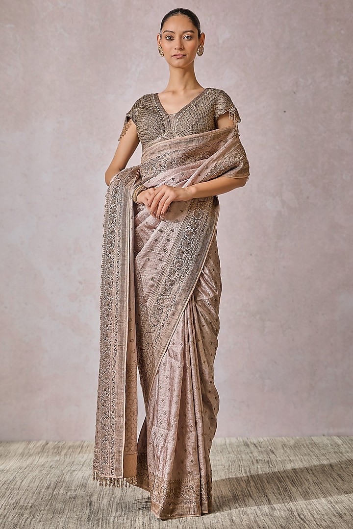 Lilac Lavender Brocade Embroidered Saree Set by Tarun Tahiliani