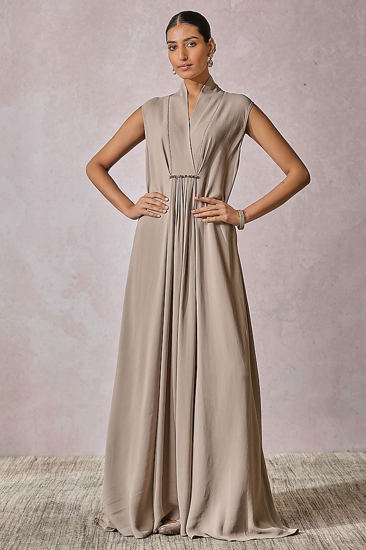 Silver Double Viscose Georgette Draped Dress by Tarun Tahiliani at Pernia's Pop Up Shop