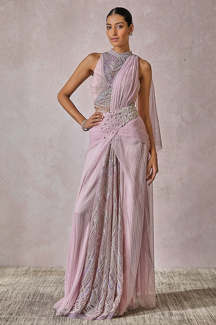 Lilac Dotted Crinkle Pearl Embroidered Draped Saree Set by Tarun Tahiliani