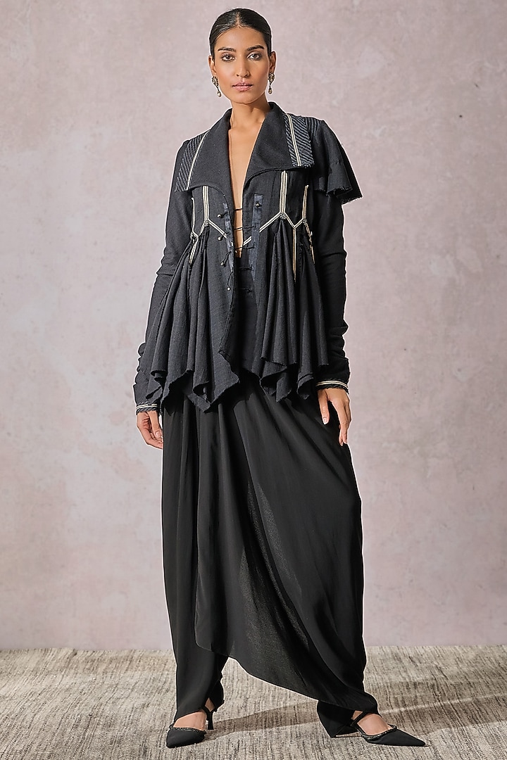 Black Georgette Dhoti With Textured Jacket by Tarun Tahiliani at Pernia's Pop Up Shop