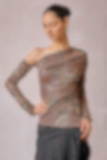 Black Foil Jersey Abstract Printed One Shoulder T-Shirt by Tarun Tahiliani at Pernia's Pop Up Shop