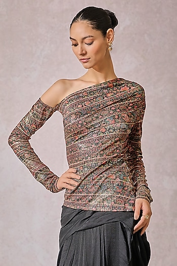 Black Foil Jersey Abstract Printed One Shoulder T-Shirt by Tarun Tahiliani