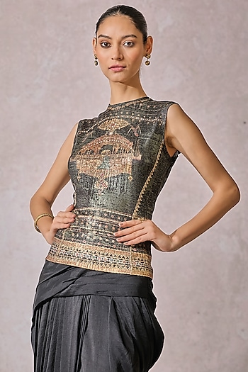 Black Foil Jersey Metallic Printed T-Shirt by Tarun Tahiliani