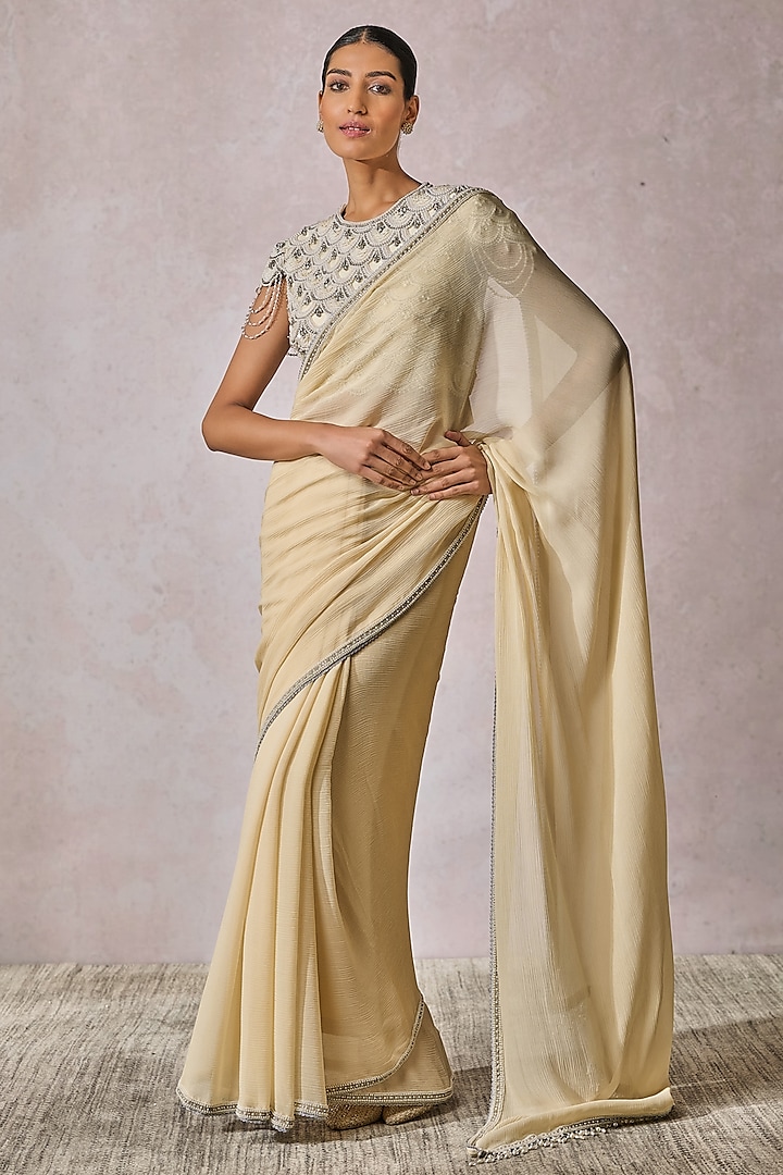 Pista Green Silk Chiffon Pearl Work Draped Saree Set by Tarun Tahiliani