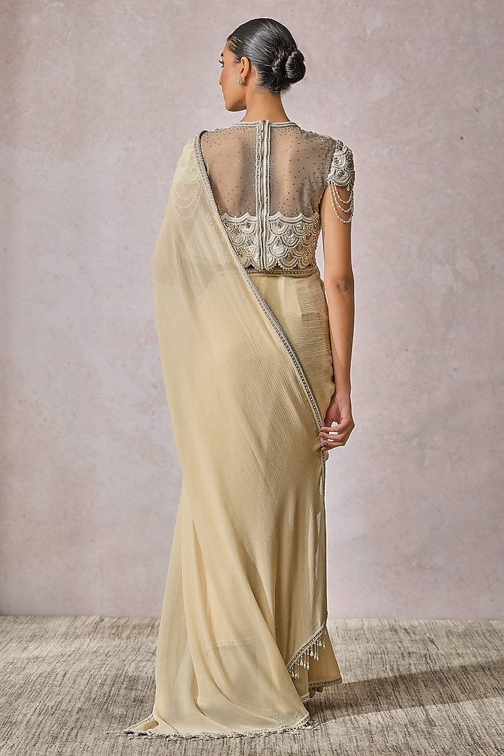 Pista Green Silk Chiffon Pearl Work Draped Reception Saree Set by Tarun Tahiliani at Pernia's Pop Up Shop