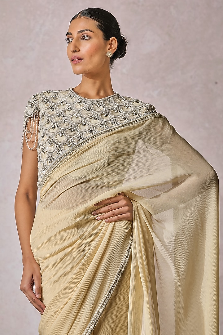 Pista Green Silk Chiffon Pearl Work Draped Reception Saree Set by Tarun Tahiliani at Pernia's Pop Up Shop