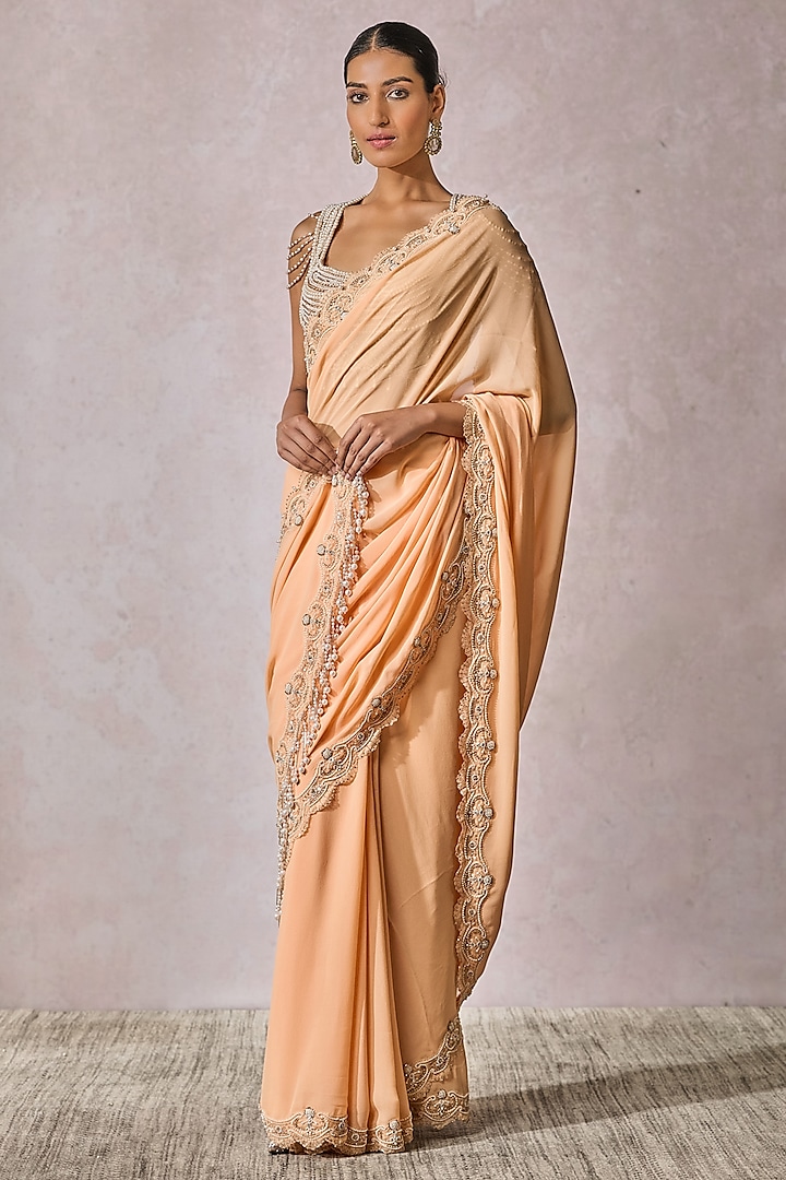 Peach Silk Georgette French Lace Embroidered Draped Saree Set by Tarun Tahiliani